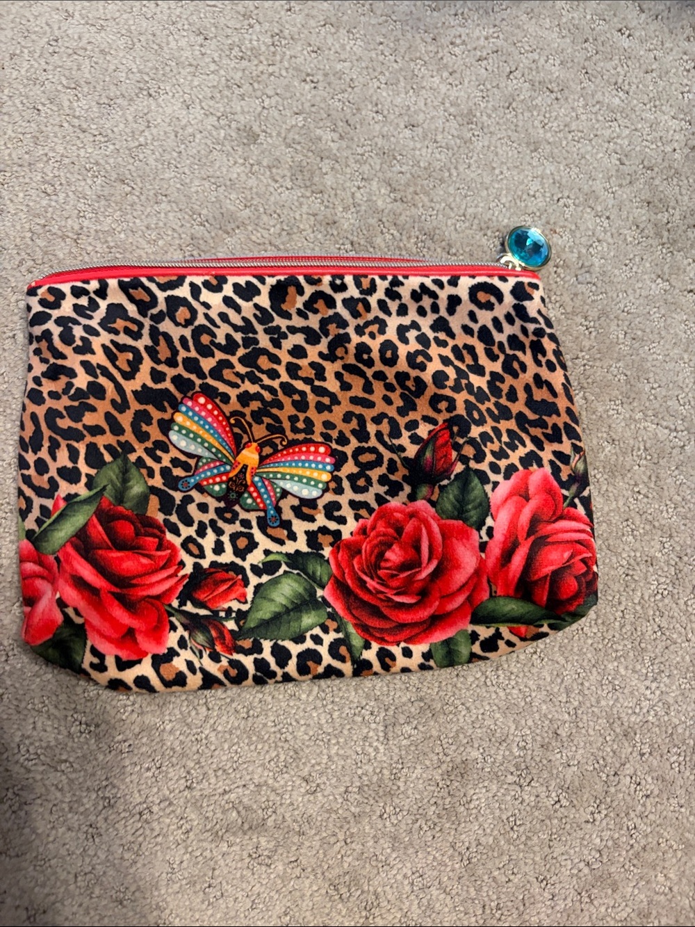Estee Lauder Leopard Print Cosmetic Pouch with Red Roses